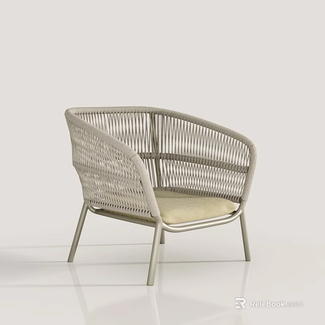 Modern Wicker Leisure Chair with Curved Backrest Metal Legs and Light Cushion 3d model 