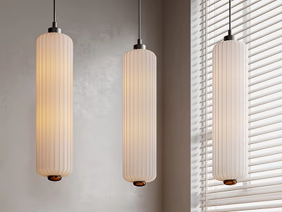 Three White Vertical Ribbed Pendant Lights with Frosted Glass Hanging in Gray Room with Blinds 3d model