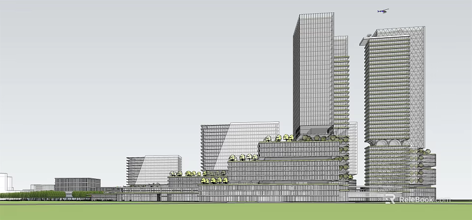 Modern Mixed Height Office Complex With Glass Facade And Green Roof 3d model 