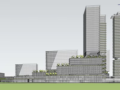 Modern Mixed Height Office Complex With Glass Facade And Green Roof 3d model