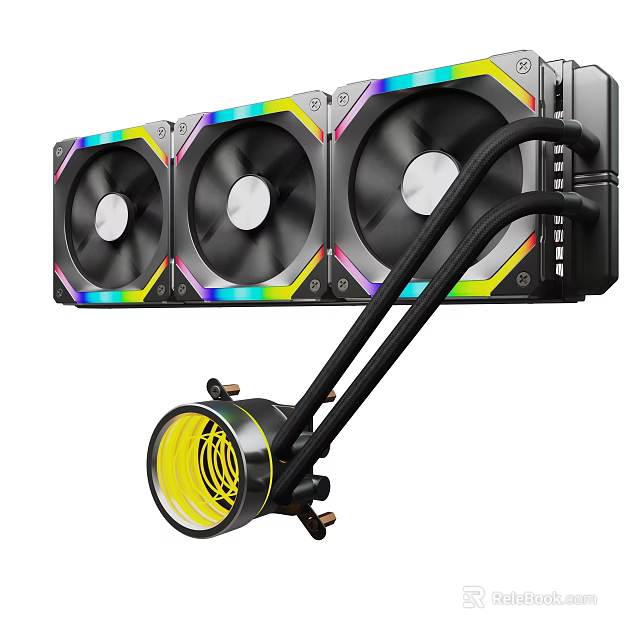High Performance PC Water Cooler With Triple RGB LED Fans And Yellow Heatsink 3d model 