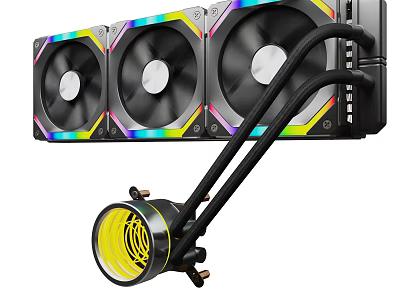 High Performance PC Water Cooler With Triple RGB LED Fans And Yellow Heatsink 3d model