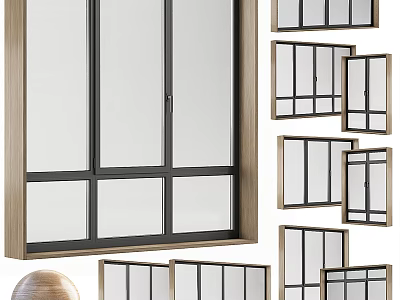 Modern Casement Windows With Grid Design Wooden Frames Black Borders And Clear Glass 3d model
