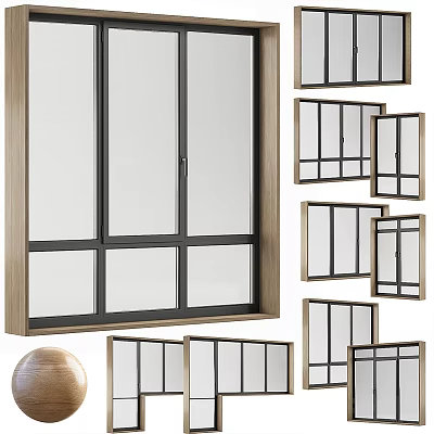 Modern Casement Windows With Grid Design Wooden Frames Black Borders And Clear Glass 3d model
