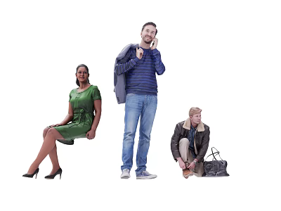Group of People in Different Poses Sitting Standing and Crouching with Bag 3d model