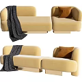 Cozy Beige Two-Seater Sofa With Brown Cushion Dark Blanket Modern Rounded Light Base