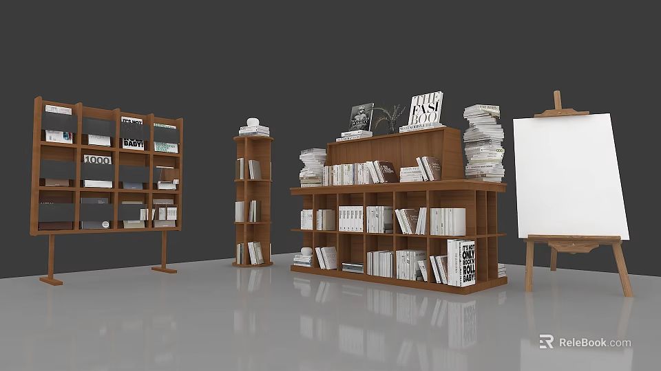 Modern Photo Spot With Wooden Bookshelves Books And Easel In Open Space 3d model 