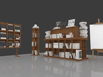 Modern Photo Spot With Wooden Bookshelves Books And Easel In Open Space 3d model