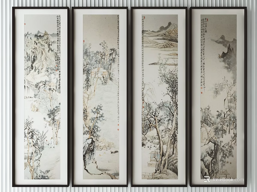 Traditional Chinese Landscape Paintings Four Panel Scrolls With Mountain Tree Elements 3d model