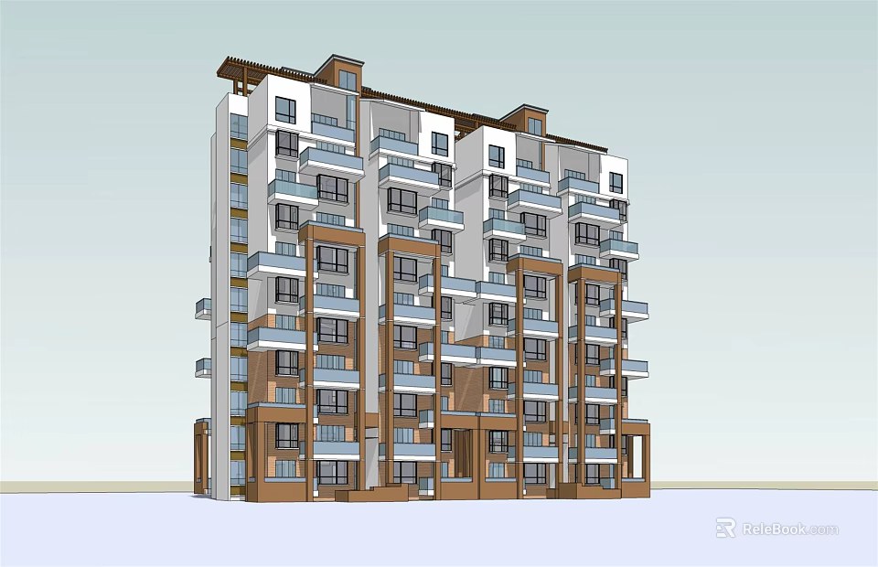 Modern Multistory Apartment Building Exterior With Multiple Balconies And Brown White Facade 3d model 