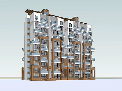 Modern Multistory Apartment Building Exterior With Multiple Balconies And Brown White Facade 3d model