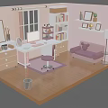 Cartoon Style Pink Room Scene With Dressing Table Bookshelf Sofa And Decorative Elements 3d model