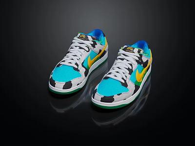 Colorful Camouflage Sneakers With Blue Yellow White Design White Laces And Green Accents 3d model