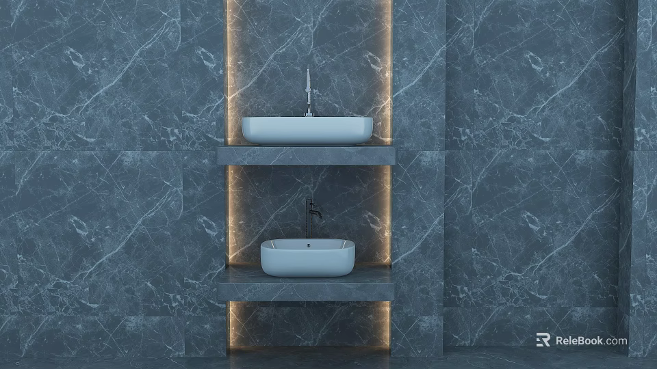 Modern Luxury Double Bathroom Sinks With Marble Wall And Recessed Lighting 3d model 