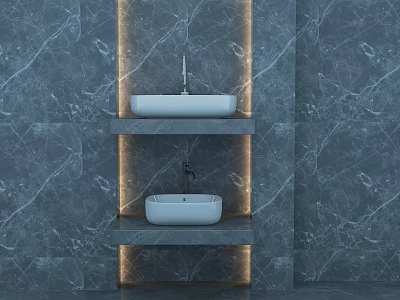 Modern Luxury Double Bathroom Sinks With Marble Wall And Recessed Lighting 3d model