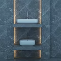Modern Luxury Double Bathroom Sinks With Marble Wall And Recessed Lighting