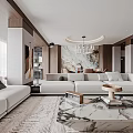 Modern Elegant Open Plan Living And Dining Room With Marble Accents And Warm Wood Furnishings