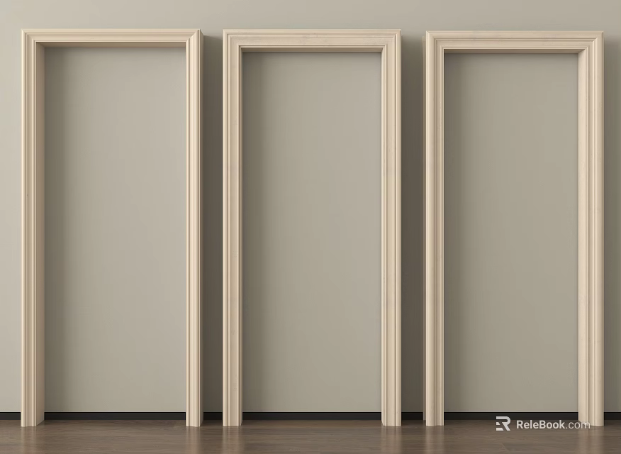 Three Light Colored Door Frames Side By Side With Light Doors On Dark Wooden Floor 3d model