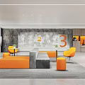 Modern Break Room Interior Design With Orange Sofas Chairs And Gray Wall Decor 3d model