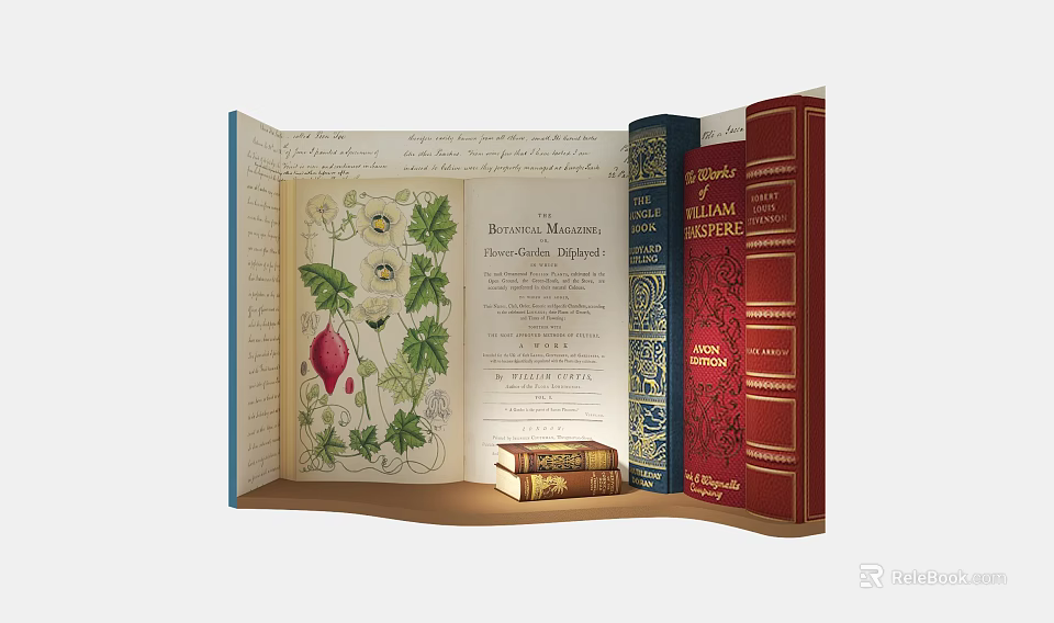 Book Themed Photo Spot With Open Book Botanical Illustrations And Colorful Vintage Book Stack 3d model 