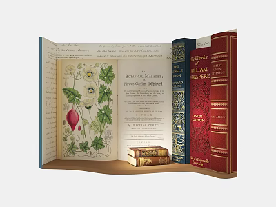 Book Themed Photo Spot With Open Book Botanical Illustrations And Colorful Vintage Book Stack 3d model
