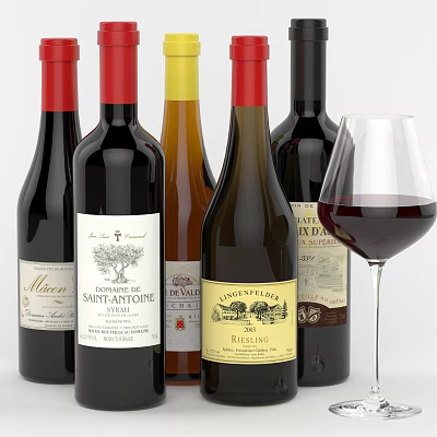 Assorted Wine Bottles With Various Labels And Red Wine Glass 3d model