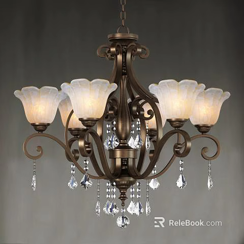Vintage Bronze Metal Chandelier With White Frosted Glass Shades And Crystal Pendants 3d model 