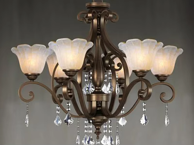 Vintage Bronze Metal Chandelier With White Frosted Glass Shades And Crystal Pendants 3d model