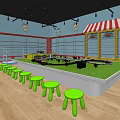 Modern Shopping Mall Store Interior With Yellow Shelves Red White Striped Awnings And Wooden Flooring