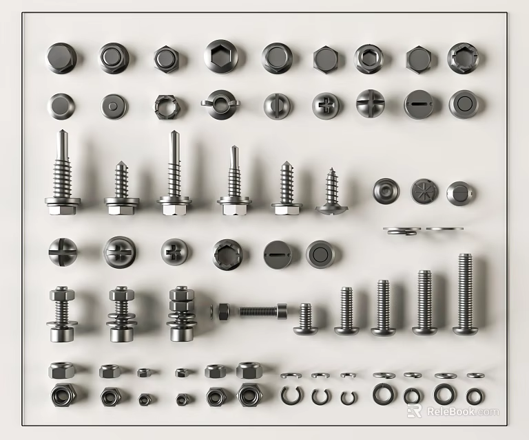 Assorted Metal Fasteners Collection Featuring Bolts Nuts Screws Washers and Rings 3d model 