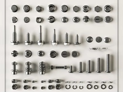 Assorted Metal Fasteners Collection Featuring Bolts Nuts Screws Washers and Rings 3d model