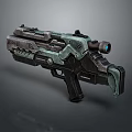 Futuristic Advanced Weapon With Dark Green Black Mechanical Structure And Tactical Scope