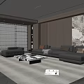 Modern Living Room Interior With Dark Sofa Marble Accent Wall Large Windows And Area Rug