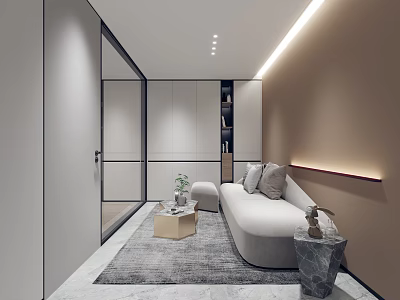 Modern Living Room Interior Design With Curved Sofa Coffee Table Potted Plant And Cabinet Lighting 3d model