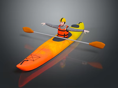 Person Paddling In Orange Yellow Kayak With Yellow Helmet And Orange Life Jacket 3d model