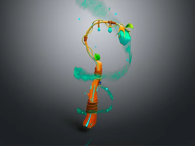 Vibrant Fantasy Weapon With Orange And Green Curved Design And Green Smoke Effects 3d model