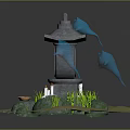 Stone Lantern Architectural Structure With Blue Decorative Elements White Statues And Green Grass
