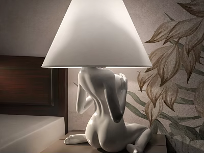 White Sculptural Table Lamp With Nude Figure Base In Bedroom With Leaf Pattern Wallpaper 3d model