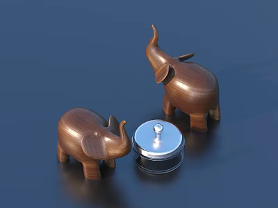Wooden Elephant Decorative Ornament Set With Silver Lid And Transparent Base 3d model