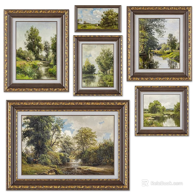 Multiple Natural Landscape Oil Paintings With Gold Frames River Trees And Grass 3d model 
