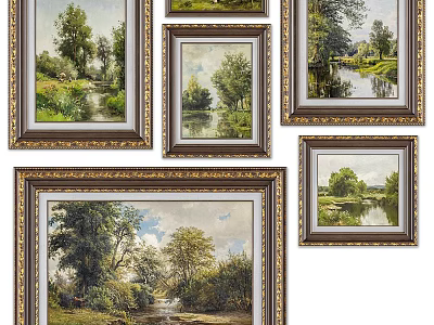 Multiple Natural Landscape Oil Paintings With Gold Frames River Trees And Grass 3d model