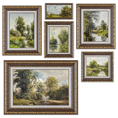 Multiple Natural Landscape Oil Paintings With Gold Frames River Trees And Grass 3d model