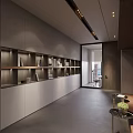 Modern Elegant Lounge Area With Bench Niche Lighting Floral Vase Gray Floor And Wooden Elements
