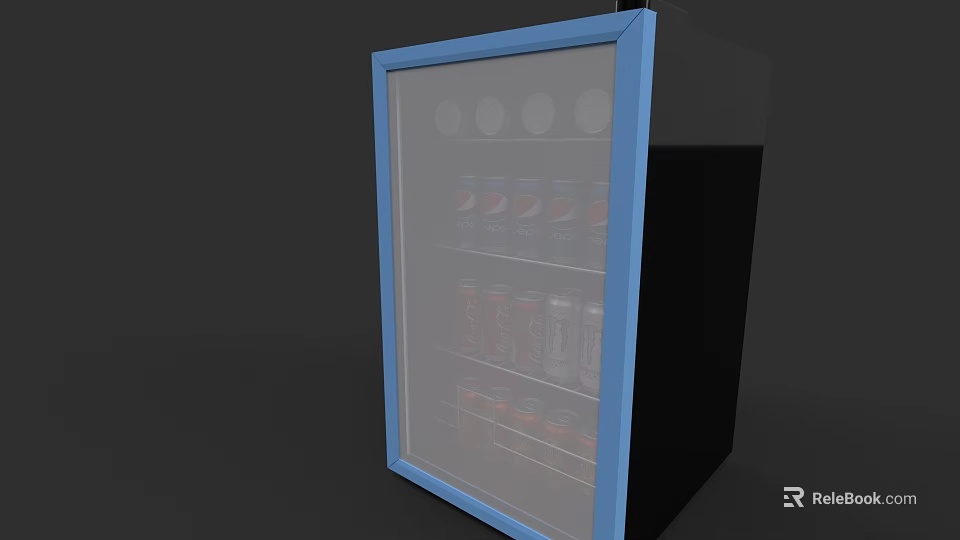 Transparent Door Refrigerator With Blue Frame And Beverage Cans Inside 3d model 