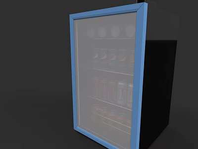 Transparent Door Refrigerator With Blue Frame And Beverage Cans Inside 3d model
