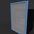 Transparent Door Refrigerator With Blue Frame And Beverage Cans Inside