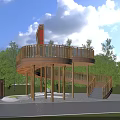 Outdoor Wooden Circular Platform With Spiral Staircase And Green Surrounding Trees