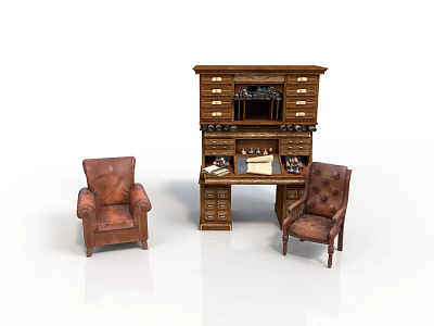 Brown Wooden Desk with Drawers and Cabinet and Two Leather Chairs in Classic Furniture Set 3d model