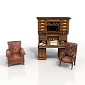 Brown Wooden Desk with Drawers and Cabinet and Two Leather Chairs in Classic Furniture Set