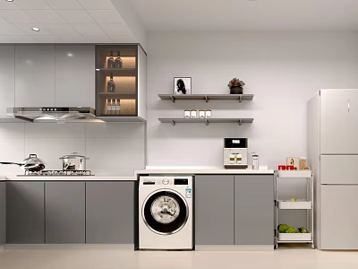Modern Kitchen Interior With Gray Cabinets Shelves Washing Machine Range Hood And Refrigerator 3d model